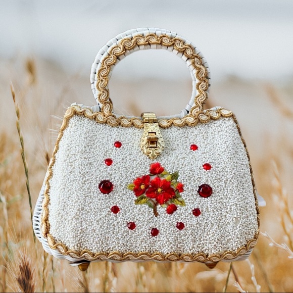 Vintage Handbags - Vintage 1950s Handbag Woven Beaded Embroidery